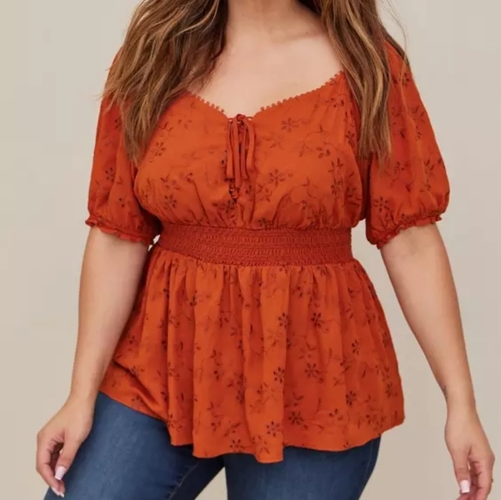 Torrid Georgette Eyelet Smocked Waist Puff Sleeve Plus Size Top